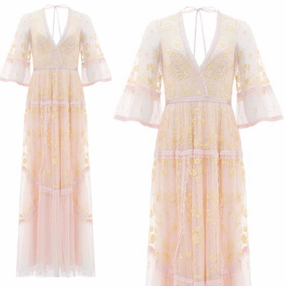 Needle & Thread Midsummer Lace Gown Pink Yellow Embroidered Maxi Full Length US0